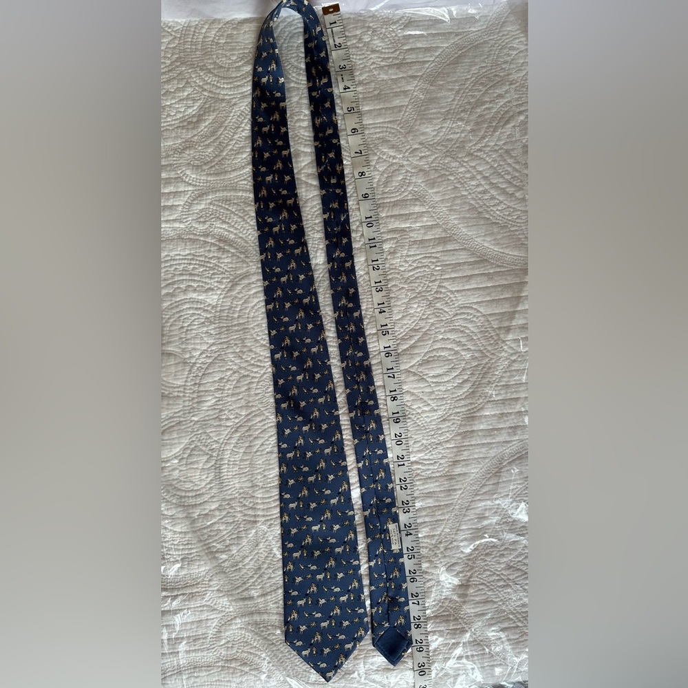 Hermes . Blue Tie with Donkey and Jockey Print. Made it France. 100% silk. - Picture 10 of 11